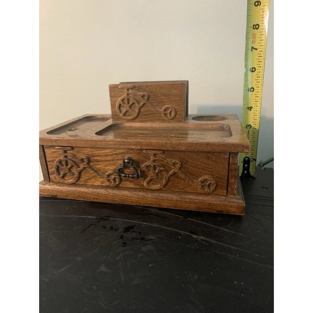 RARE Vintage Pat Yoshikawa Wooden Organizer Hand Carved Valet Box Dresser Bike